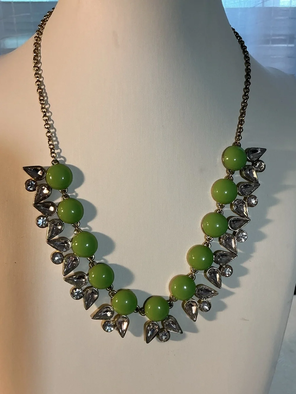 J. Crew Vintage Lime Green Resin & Rhinestone Cluster Choker Gold Tone Necklace